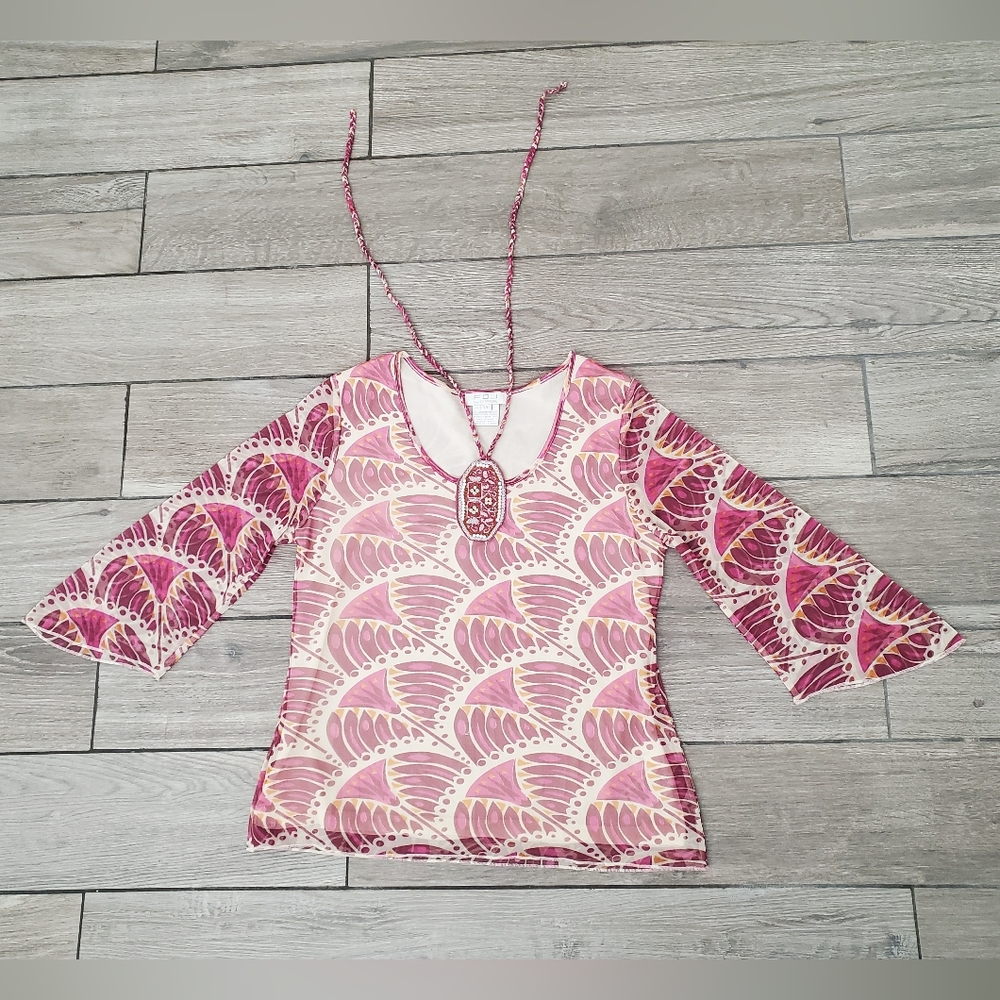 NWOT FDJ French Dressing women's 100% polyester beaded cream pink tan blouse S